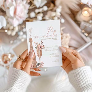 Pop de champagne-uitnodiging voor vrijgezellenfeest, ze verandert haar achternaam, uitnodiging voor brunch en bubbels verlovingsfeest, pop-the-bubbly-sjabloon