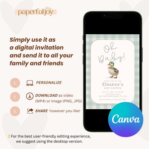 May include: A digital invitation template for a baby shower with a blue and white gingham background. The text "Oh Baby!" is written in cursive with a cartoon duck illustration. The invitation includes the name "Eleanor's Baby Shower", the date and time of the event, the location, and RSVP information.