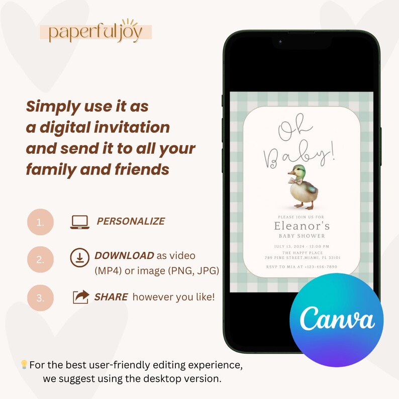 May include: A digital invitation template for a baby shower with a blue and white gingham background. The text "Oh Baby!" is written in cursive with a cartoon duck illustration. The invitation includes the name "Eleanor's Baby Shower", the date and time of the event, the location, and RSVP information.