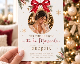 Tis the Season to Be Married Bridal Shower Invitation, Christmas Red Bow Shower Invite, Editable Canva Template