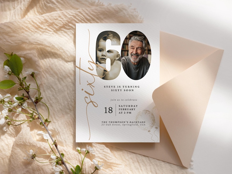 May include: A white invitation card with gold lettering announcing a 60th birthday party. The invitation features a photo of a man and a young boy, both smiling. The text reads "Steve is turning sixty soon" and includes the date, time, and location of the party.