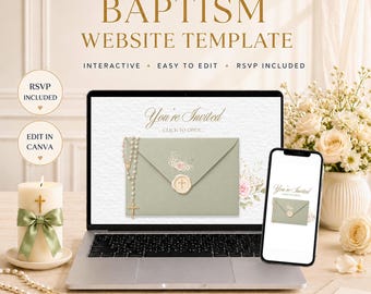 Interactive Baptism Invitation Website with RSVP, Elegant Sage Green Floral Christening Invite, Canva Template