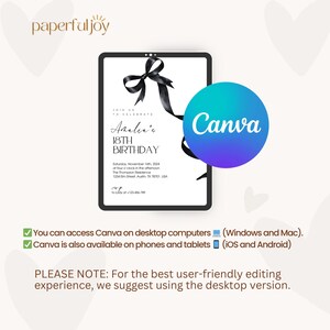 Pu&ograve; includere: Un modello di invito digitale per una festa di compleanno di 18 anni. L'invito presenta un nastro nero con un fiocco e il testo "Amalia's 18th Birthday". L'invito &egrave; stato progettato con Canva.