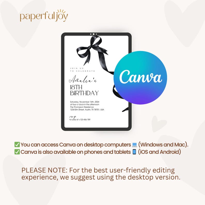 Pu&ograve; includere: Un modello di invito digitale per una festa di compleanno di 18 anni. L'invito presenta un nastro nero con un fiocco e il testo "Amalia's 18th Birthday". L'invito &egrave; stato progettato con Canva.