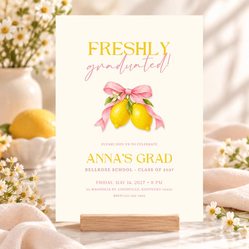 Pink Grad Invite Template Lemon Graduation Invitation With Photo, Freshly Graduated Pink Bow ...