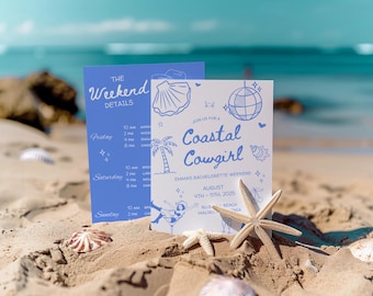 Editable Coastal Cowgirl Bachelorette Invitation and Itinerary Template, Beach Bachelorette Party, Last Toast on the Coast, Instant Download