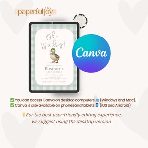 May include: A baby shower invitation with a green and white gingham background. The invitation features a cartoon duck and the text "Oh Baby!" and "Eleanor's Baby Shower".