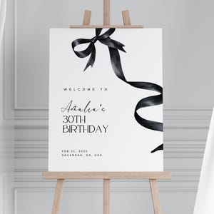 Plantilla editable de letrero de bienvenida con lazo negro, letrero de bienvenida con lazo negro para cumpleaños, letrero de bienvenida con lazo negro, decoración para cumpleaños número 30 y 40