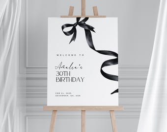 Modello modificabile per cartello di benvenuto con fiocco nero, cartello di benvenuto per compleanno con fiocco nero, cartello di benvenuto con fiocco nero e civettuolo, decorazioni per il 30° e 40° compleanno.