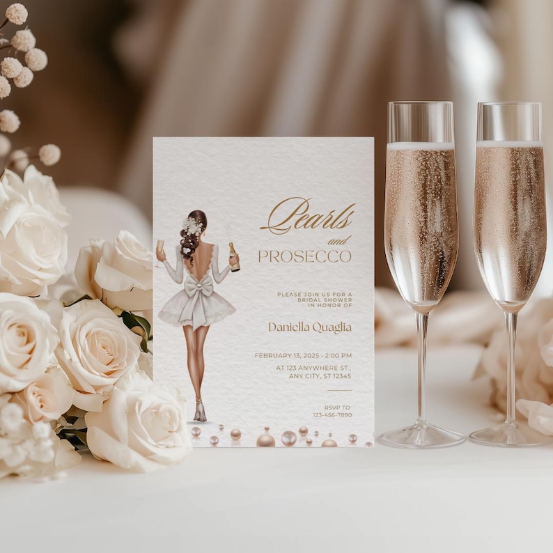 Pearls And Prosecco Bridal Shower Invite, Pearls & Prosecco Bridal Baby Wedding Shower, Cocktail Pearls Bridal Shower, Champagne Shower image 2