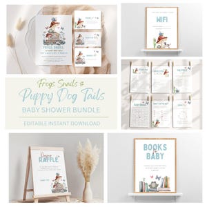 Bewerkbare uitnodigingsset kikkerslakken en puppyhondenstaarten, kikkersslakken en puppystaarten babyshowergames, boeken voor baby, luierloterij