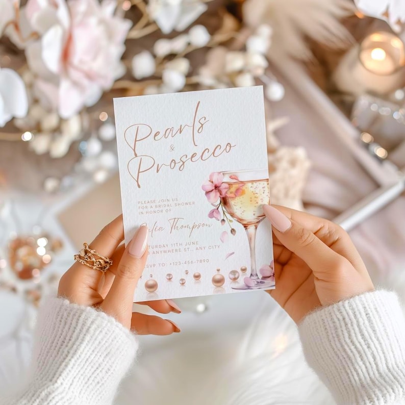 May include: A blush pink and gold bridal shower invitation with the text "Pearls & Prosecco" in a script font. The invitation features a watercolor illustration of a glass of champagne with pink flowers and pearls.