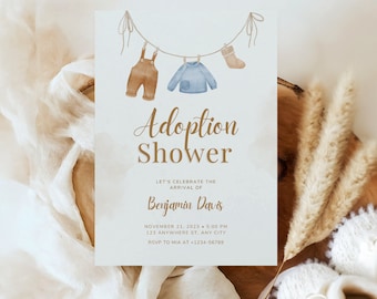 May include: An invitation for an adoption shower with the words "Adoption Shower" in gold script. The invitation features watercolor illustrations of baby clothes hanging on a clothesline. Details include the baby's name, date, time, and location.