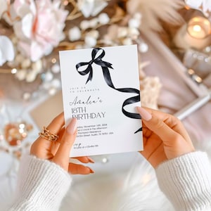 Editable Black Bow Birthday Invitation, Black Bow Birthday Invite, Black Ribbon Birthday Invite, 30th Black Bow Editable Birthday Invitation