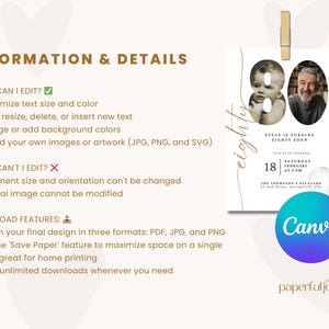May include: Editable 80th birthday party invitation template with a gold and white color scheme. The invitation features a photo of a man and a child. The text on the invitation reads "Steve is turning eighty soon" and includes the date and time of the party. The invitation is designed to be used with Canva.