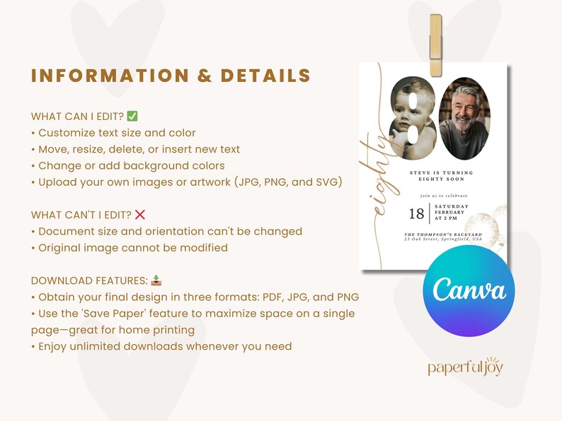 May include: Editable 80th birthday party invitation template with a gold and white color scheme. The invitation features a photo of a man and a child. The text on the invitation reads "Steve is turning eighty soon" and includes the date and time of the party. The invitation is designed to be used with Canva.