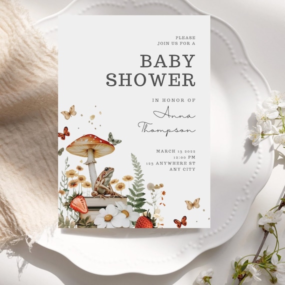 Editable Frog and Mushroom Baby Shower Invitation ,Forest Themed Baby Invite, Cottagecore Mushroom Baby Shower Invitation,  Woodland Shower