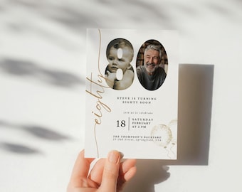May include: A white invitation card with gold lettering announcing a birthday party for Steve turning eighty. The card features two photos of Steve at different ages, one as a child and one as an adult. The text on the card reads "Steve is turning eighty soon. Join us to celebrate Saturday February 18 at 2 PM. The Thompson's Backyard 23 Oak Street, Springfield, USA."