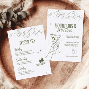EDITABLE Mountains and Martinis Bachelorette Itinerary Invitation, Camp Bachelorette Invite, Girls Trip Weekend Itinerary Template, Canva