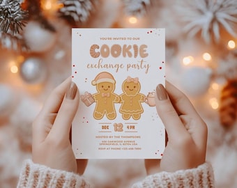 Convite para troca de biscoitos de Natal, convite para troca de biscoitos de Natal, modelo de convite para festa de confeitaria de Natal rosa, download instantâneo