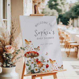 Cartello di benvenuto modificabile per baby shower con tema fungo, cartello di benvenuto per baby shower con tema foresta, modello di cartello per baby shower con fungo magico incantato