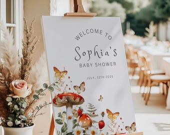 Editable Welcome to Baby Shower Sign Mushroom Theme Forest Baby Shower Welcome Sign Magical Enchanted Toadstool Baby Party Sign Template