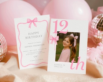 Editable 12th Birthday Pink Bow Invitation, Tween Coquette Birthday Photo Invite for Girls, Instant Digital Download, Canva Template 5x7 PDF