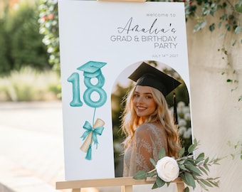 Graduation and 18th Birthday Welcome Sign, Coquette Turquoise Bow Photo Poster, Editable Canva Template
