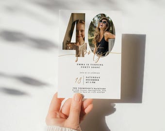 Editable 40th Birthday Invitation with Photo, Look Who’s 40 Invite, Modern Forty Birthday Party Invitation, Personalized 40th Birthday Evite