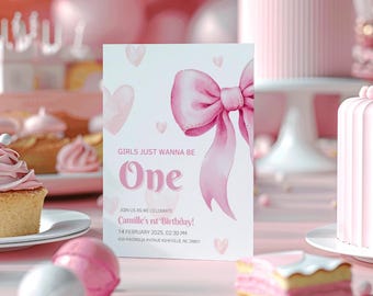 Invitación de cumpleaños editable "Las niñas solo quieren cumplir un año", invitación de primer cumpleaños con lazo rosa, invitación de primer cumpleaños estilo preppy, descarga instantánea