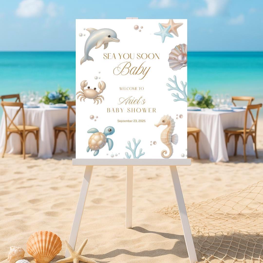Editable Gender Reveal Welcome Sign - "Sea You Soon" Ocean Theme, Coastal Baby Beach Party Decor