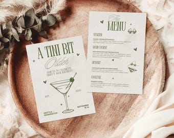 Editable A Tini Bit Older Birthday Invite, A Tini Bit Older Martini Birthday Invitation Template,  Dirty Martini Cocktail Theme, Coquette In