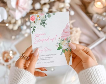 Invitación para despedida de soltera "Ella ha sido recogida", invitación para despedida de soltera con helado rosa, invitación para despedida de soltera con helado "Ella ha sido recogida", despedida de soltera con flores