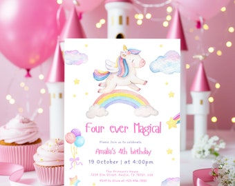 Unicorn 4th Birthday Invitation, Four Ever Magical Party, 4th Birthday Invitation Girl Rainbow Unicorn, Pastel Unicorn Girl 4Th Birthday