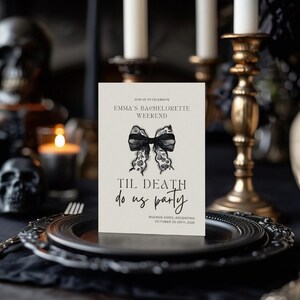 Modèle d'itinéraire Til Death Do Us Party EVJF, Modifiable, noeud noir gothique Inviter une coquette Halloween Bach Party effrayant Téléchargement immédiat image 2