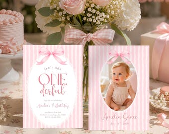 Isn't She Onederful Birthday Invitation with Photo, Pink Bow 1st Birthday Canva Template