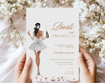 May include: A bridal shower invitation with a gold and white color scheme. The invitation features a drawing of a woman in a white dress with a large bow, holding a glass of champagne. The text on the invitation reads "Pearls and Prosecco" and includes the date, time, and location of the event. RSVP information is also included.