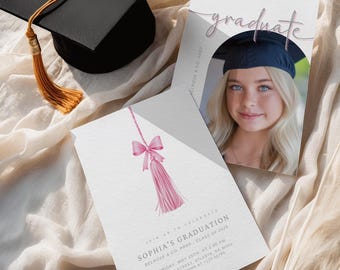 Arch Graduation Party Invite, Modern Minimalist Graduation Announcement Template, Editable Pink Coquette Photo Grad Invite, Class of 2026