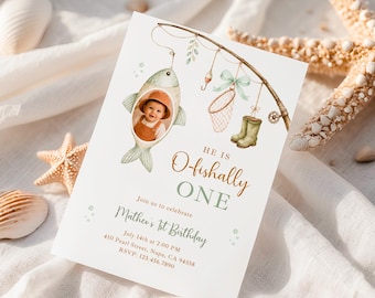 O Fishally One Birthday Invitation with Photo, Green Fishing 1st Birthday Invite for Boy, Editable Canva Template