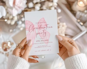 Pink Bow Graduation Invitation, Coquette Theme (Canva Template)