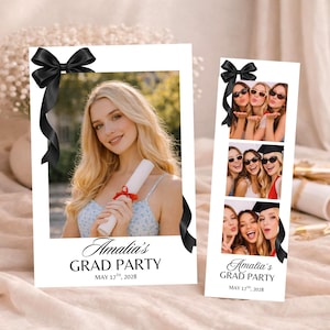 May include: Two white photo booth props with black ribbon and bows. One prop features a photo of a woman holding a diploma. The other prop has multiple photos of women. Text reads "Amalia's Grad Party" and "May 17th, 2028".