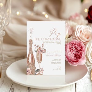 Pop the champagne vrijgezellenfeestuitnodiging, ze verandert haar achternaam, brunch en bubbels vrijgezellenfeestuitnodiging