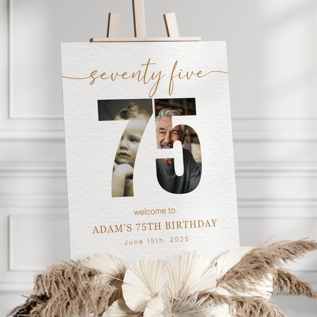 Custom Look Who's 75 Welcome Sign | Editable 75th Birthday Photo Poster | Black & Gold Decor | Milestone Birthday | Digital Download
