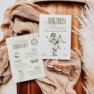 Bikinis and Martinis Bachelorette Invitation Tinis & Bikinis Itinerary Last Toast on the Coast Bridal Shower Martini Party Weekend Editable