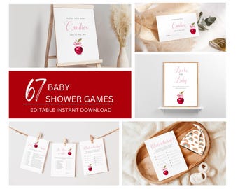 Apple of Our Eye Baby Shower Game Bundle, Editable Fall Themed Party Games, Pink Bow Apple Baby Shower Activities, Autumn Printable Set