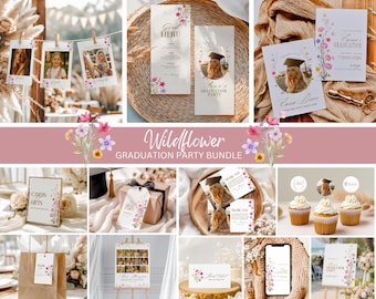 Puede incluir: Un conjunto de suministros para fiestas de graduación con un tema de flores silvestres. Incluye invitaciones, menús, tarjetas de agradecimiento, adornos para cupcakes y exhibidores de fotos. El diseño presenta acentos florales y una foto del graduado.