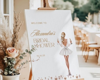 Szablon znaku powitalnego Pearls And Prosecco | Edytowalny plakat na wieczór panieński | Wydrukowana elegancka dekoracja | Dekoracja na przyjęcie szampanem i szampanem do pobrania