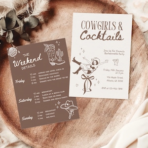 Invitation EVJF cow-girls et cocktails, dernier rodéo EVJF, invitation EVJF modifiable, modèle Western Bach