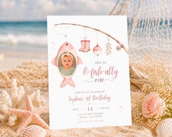 O Fishally One Birthday Invitation with Photo, Pink Fishing 1st Birthday Invite for Girl, Editable Canva Template