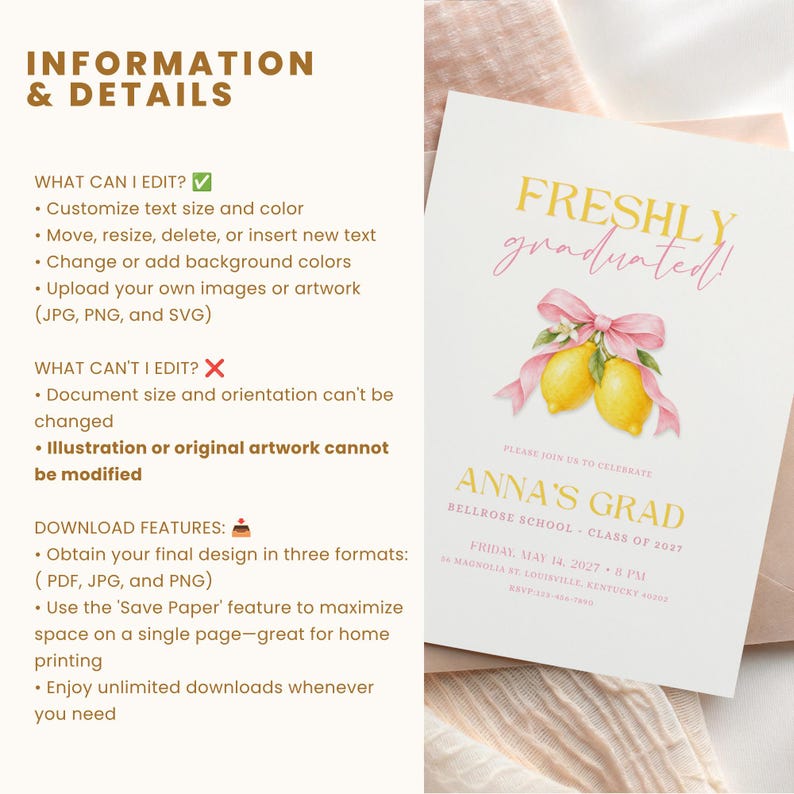 Pink Grad Invite Template Lemon Graduation Invitation With Photo, Freshly Graduated Pink Bow ...